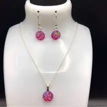 Resin Glitter Pink Rhinestone Jewelry Set- Includes Necklace and Earrings