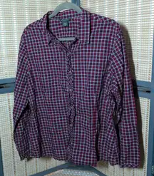 Eddie Bauer Red Plaid Button Down with Ruffle Button Placket
