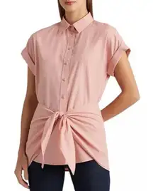 LAUREN Ralph Lauren Tie Ballet Pink Wrap Button Down Top Small Petite Preppy