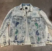 Vintage Denim Jacket with Paisley Print Acid Wash Retro 90s Style  B-217