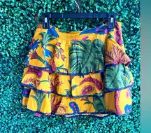 Farm Rio | Yellow Tropical Tapestry Mini Skirt | Tiered | Size Medium - NWT