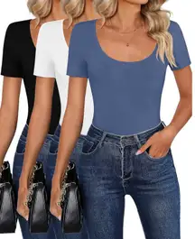 Riyiper 3 Pcs Women’s Scoop Neck Fitted Tops (XX-Large, Black/White/Haze Blue)