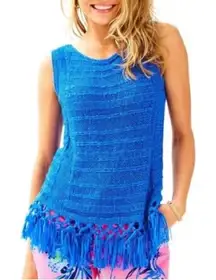 Lilly Pulitzer Luca Fringe Sleeveless Knit Sweater Vest Tank Top Lapis Blue - XS