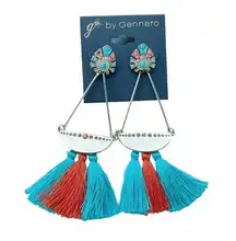 Gennaro blue and coral orange beaded dangle trapeze earrings with tassel fringe