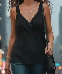 Classiques Entier‎ Black Silk Rhinestone V-Neck Sleeveless Top Elegant Luxe Posh