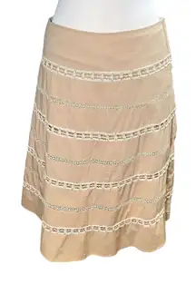 Talbots Beige Cotton A-Line Neutral Midi Skirt Lace Trim Boho Style‎ Size 6