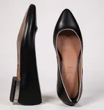 Summit White Mountain All Leather Black Pointed Toe Silver Trim Block Heel Flats