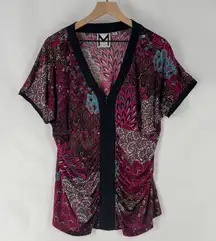 Marc Bouwer Pink Blue Paisley Feather Patterned Zip Front Dolman V-Neck Blouse‎