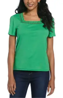 Rafaella | Green Square Neck Short Sleeve Top With Lace Accents | XL