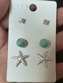 Silver Tone Turquoise and Crystal Starfish Stud Earring Trio Set