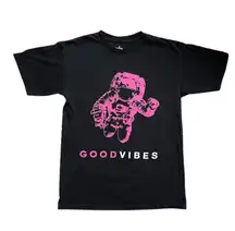 Good vibes Black cotton astronaut tee with pink accents spacevibes 