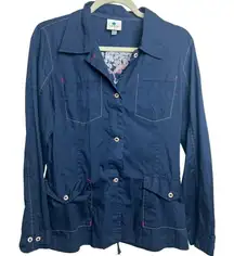 Luhta Navy Button Down Shirt Jacket with Embroidery on Back Women's Sz. 8