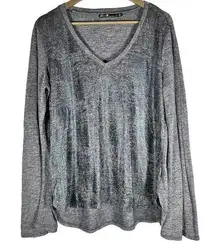 Women's | Seven7 | Blue Metallic Shimmery Long Sleeve V-Neck Flowy Top