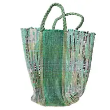Handmade Woven Plastic Bags Tote Bag Purse Repurposed Green 15x17"‎ Art to Wear