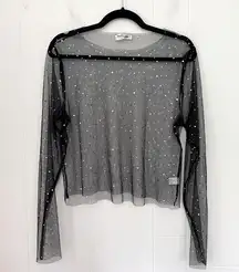 Bear Dance Sheer Long Sleeve Top Black Rhinestones 90s ~ Women’s Size L