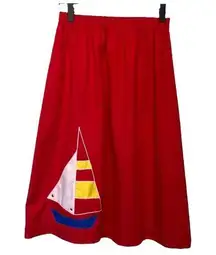 Vintage 1970s Retro High Waist Sailboat Midi Skirt Applique Red Funky Boho Indie