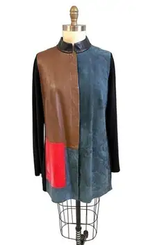 VTG PER SE Colorblock Leather & Suede Long Cardigan Sweater Sz. 16