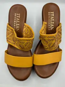 Italian Shoemakers Women 6 Mustard Yellow Floral Cutout Slide Sandals Wedge Heel