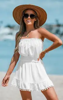 White Smocked Pom Pom Cover Up Tube Dress