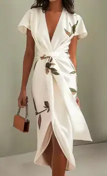 Fehaute White Leaf Print Satin
Wrap Maxi Dress | Women's Size 6