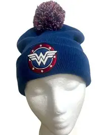 DC Comics Wonder Woman Beanie Hat Super Comic WW embroidered star logo Blue Red Pom OSFM