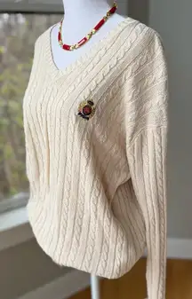 Polo Ralph Lauren Ivory 100% Silk Cable Knit V Neck Crest Logo Sweater Sz Large