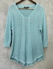 United States sweaters XL tunic‎ blue pullover lace trim fisherman cable knit
