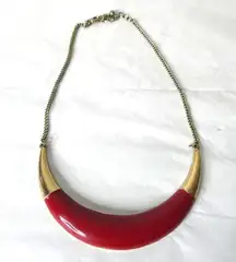 Vintage Gold Tone Red Statement Bib Necklace Enamel Bar Minimalist Art Deco Mod