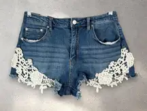 Almost Famous Floral Jean Shorts Juniors' 11 Denim Lace Trim Distressed Boho Y2K