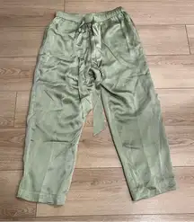 NWT Roller Rabbit Sage Green Satin Textured Drawstring Pull On Pants Size L