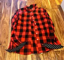 Women’s red & black Buffalo plaid button up shirt with polka dot details. Size medium