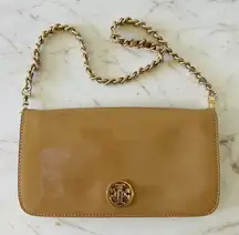 TORY BURCH Tan Patent Leather Gold Braided Chain Strap Clutch Shoulder Bag