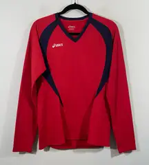 Asics Women Red & Navy V-neck Athletic Performance Long Sleeve Top Size L