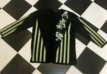 Vintage 90s Y2K Angora Tie Front Cardigan Sweater Black Lime Green Floral Large