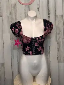 XS Black Pink Floral Corset Crop Top Puff Sleeve Hook-Front