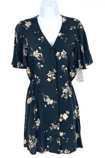 Abound Floral Short Sleeve Button-Front A-Line Mini Dress Charcoal Size Small NW