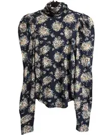 LoveShackFancy Deep Marine Floral Print Long Sleeve High Neck Blouse Size XS