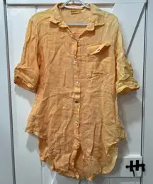 Milio Milano Womens Tunic Top Small Linen Italy Orange Gauzy Tab Henley Boho