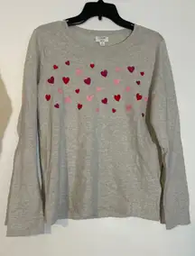 J Crew Teddie Sweater Embroidered Heart Print Light Gray Crew Neck‎ Womens M