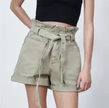 ZARA  Womens High Rise Belted Sage Green Cutoff Paperbag Jean Shorts