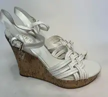 Women's GUESS Wedge White Sandals Cork Heel Strappy Woven Shoes 8.5 Logo Charm