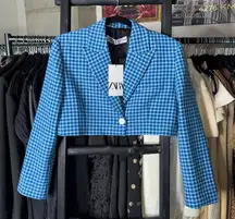 ZARA Blue Houndstooth Cropped Blazer Jacket with Structured Fit Preppy Chic