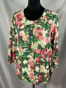 Talbots Women's Sweater Pink Green Floral 3/4 Sleeve Button Front Cardigan Sz XP