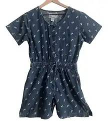 NWT Vintage New Direction Blue Denim Floral Embroidery Jean Jumpsuit Romper