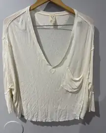Free People Golden Gate Tee Size S White Ribbed Knit Oversized V Neck Pocket Top