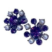 Women Clip On Earrings Purple Color Glass Faux Pearls Rivet Construction Vintage