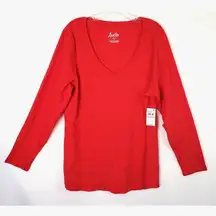 Aveto  Shirt Womens Plus 2X True Red Long Sleeve V Neck Basic Casual Office Work