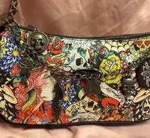 Ed Hardy Tattoo Print Shoulder Bag with Skull & Rose Charms