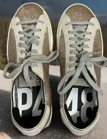P448 Women's John Glitter Low Top Suede Sneakers in Gold/Gray, Size 37‎ SPARKLE