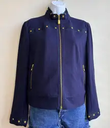 St. John Sport Collection Navy Blue Denim Trim‎ Gold Small Button Jacket Womens